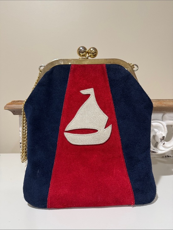 None Handbags - Vintage Navy and Red Suede Sailboat Accent Chain Shoulder 2-Way Bag